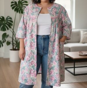 Vtg 70s Floral Snap Front Brunch Coat House Dress Quilted Yoke XL/2XL